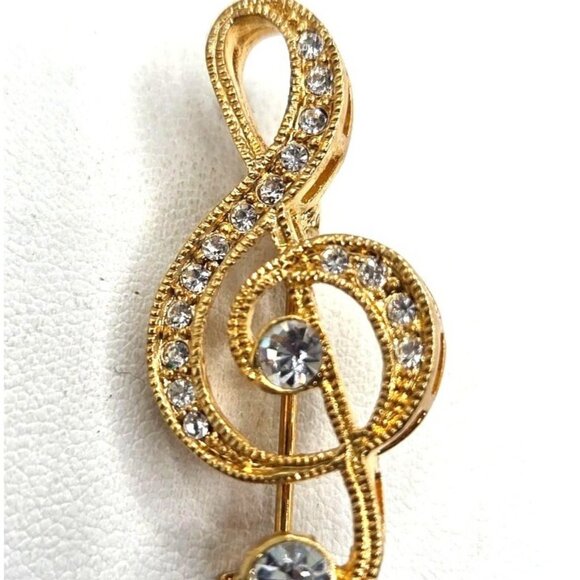 Gold-Tone Treble Clef Pin Brooch With Clear Rhinestones - Picture 3 of 3